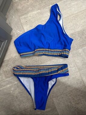 SHEIN Blue One-Shoulder Bikini Set with Decorative Elastic Trim